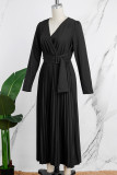 Vestidos de manga larga con cuello en V plisado de frenillo sólido casual negro
