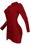 Burgundy Fashion Sexy Solid Fold Half A Turtleneck Long Sleeve Dresses