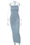 Sky Blue Sexy Solid Bandage Backless Spaghetti Strap Long Dress Dresses