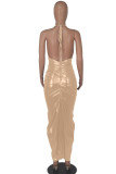 Champagne Sexy Solid Patchwork Backless Fold Halter One Step Skirt Abiti