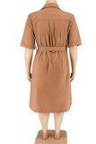 Green Casual Solid Patchwork Buckle Turndown Collar Straight Plus Size Dresses