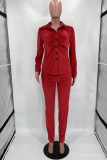Red Casual Solid Patchwork Turndown Collar Long Sleeve Two Pieces