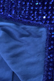 Azul sexy elegante sólido retalhos assimétricos lantejoulas o pescoço vestidos irregulares