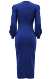Blue Elegant Solid Hollowed Out Patchwork Slit O Neck Wrapped Skirt Dresses