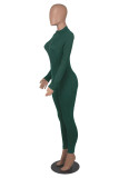 Green Casual Solid Patchwork Zipper Collar Skinny Jumpsuits