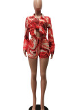 Rose Red Casual Print Patchwork Buckle Turndown Collar Long Sleeve Two Pieces