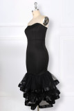 ブラック セクシー ソリッド パッチワーク ストラップレス トランペット マーメイド ドレス
