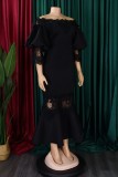 Черное повседневное однотонное длинное платье в стиле пэчворк с открытыми плечами Платья