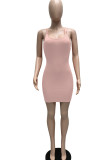 ピンクのセクシーなソリッドパッチワークスパゲッティストラップワンステップスカートドレス