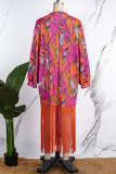 Vestidos de manga comprida com estampa casual multicolorido com borla e gola alta