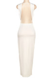 White Sexy Street Elegant Solid High Opening Fold V Neck One Step Skirt Dresses