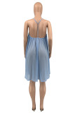Light Blue Sexy Solid Hollowed Out Backless Spaghetti Strap Sleeveless Dress