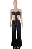 Black Sexy Solid Bandage Patchwork Fold With Bow Strapless Sleeveless Two Pieces