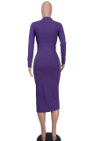 紫のセクシーなソリッド中空タートルネック長袖ドレスの半分