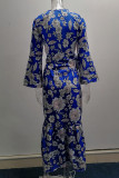 Vestidos rectos con cuello en V de patchwork con estampado informal azul