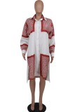 Brick Red Casual Geometric Patchwork Turndown Collar Shirt Dress (Without Belt)