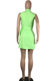 Green Casual Solid Patchwork Asymmetrical Turndown Collar Dresses