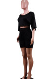 Black Casual Solid Patchwork Fold O Neck Half Sleeve Two Pieces