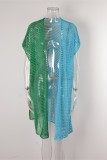 Turquoise Sexy Patchwork Hollowed Out See-through Cardigan Contrast Swimwears Cover Up