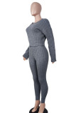 Grey Casual Solid Patchwork Off the Shoulder Long Sleeve Two Pieces