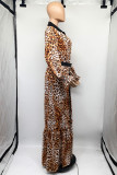 Brown Casual Print Leopard Patchwork With Belt Turndown Collar Long Sleeve Dresses