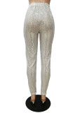 Grey Sexy Solid Sequins Mid Waist Pencil Bottoms