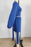 Blue Casual Solid Hollowed Out Patchwork Asymmetrical O Neck Long Sleeve Two Pieces