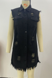 Black Casual Solid Ripped Turndown Collar Sleeveless Regular Denim Jacket