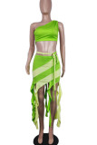 Green Yellow Sexy Print Tassel Bandage Patchwork Oblique Collar Sleeveless Two Pieces