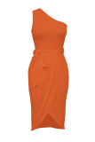 Mandarina rojo sexy sólido vendaje patchwork asimétrico cuello oblicuo vestido irregular vestidos
