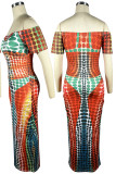 Green Orange Sexy Print Patchwork Off the Shoulder One Step Skirt Dresses