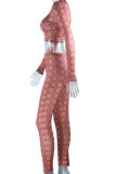 Marron Casual Street Print Patchwork Col Zippé Manches Longues Deux Pièces
