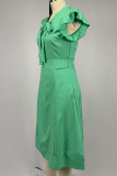 Green Elegant Solid Patchwork Frenulum Flounce O Neck A Line Dresses