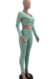 Light Green Casual Sportswear Solid Patchwork U Neck Long Sleeve Two Pieces