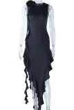 Черное сексуальное повседневное однотонное платье в стиле пэчворк с круглым вырезом