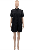 Black Fashion Casual Solid Basic Turndown Collar Short Sleeve Dress