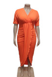 Tangerine Red Casual Solid Patchwork Asymmetrischer V-Ausschnitt Unregelmäßiges Kleid Plus Size Kleider