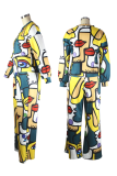 Yellow Street Print Patchwork O Neck Long Sleeve Two Pieces