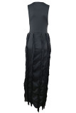 黒のセクシーなソリッド タッセル パッチワーク O ネック ストレート ドレス