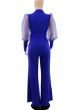 Blue Casual Elegant Solid Patchwork V Neck Straight Jumpsuits
