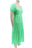 Verde claro casual dulce sólido patchwork cuello cuadrado una línea de vestidos