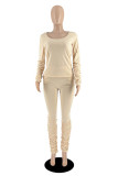 Khaki Casual Solid Fold O Neck Long Sleeve Two Pieces