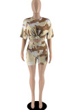 Light Brown Casual Print Camouflage Print Patchwork O Neck Short Sleeve Two Pieces
