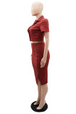 Red Elegant Solid Pocket Buttons Slit Turndown Collar Short Sleeve Two Pieces