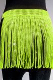 Fluorescent Green Sexy Solid Patchwork Sequined Hot Drill High Waist Straight Solid Color Bottoms