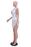 Branco Sexy Patchwork Perfuração a quente sem costas fenda frente única vestidos vestidos sem mangas