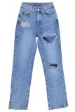Hellblaue, lässige, feste, zerrissene Patchwork-Jeans mit hoher Taille und regulärer Denim