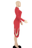 Red Casual Solid Patchwork Asymmetrical Half A Turtleneck Irregular Dress Dresses