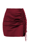 Burgundy Sexy Solid Patchwork Draw String Fold Regular High Waist Straight Solid Color Bottoms