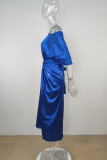 Blu casual elegante fasciatura solida patchwork colletto obliquo mezza manica due pezzi